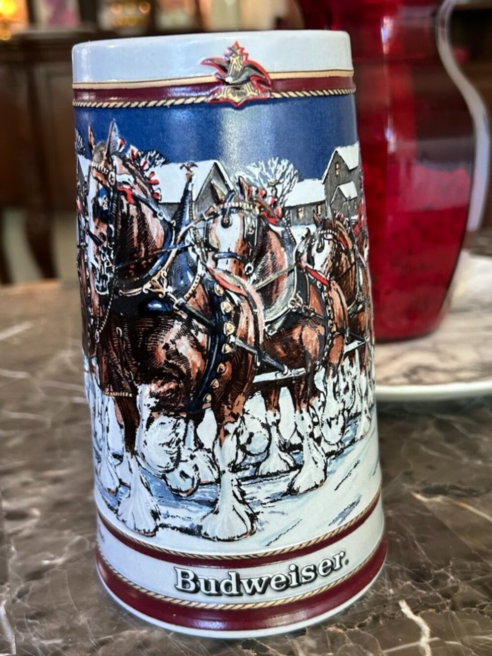 Budweiser Clydesdales Beer Stein 1989 Collector Series Winter Scene Mug
